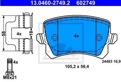 Колодки тормозные дисковые Audi, SEAT, Skoda, Volkswagen Ate 13.0460-2749.2