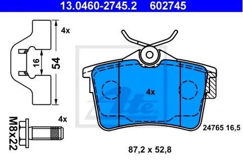 Колодки тормозные дисковые задние CITROEN Berlingo, PEUGEOT 308 Ate 13.0460-2745.2