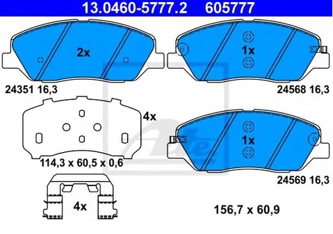 Колодки тормозные, дисковые HYUNDAI Santa Fe, KIA Borrego Ate 13.0460-5777.2