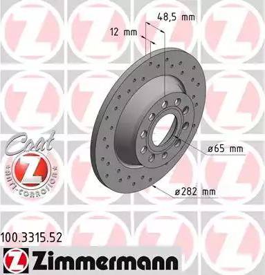 Диск тоpмозной задний AUDI A3 Otto Zimmermann 100.3315.52, D=282 мм