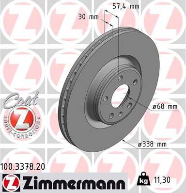 Диск тормозной передний AUDI A4 Otto Zimmermann 100.3378.20, D=338 мм