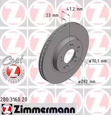 Диск тормозной передний HONDA CR-V Otto Zimmermann 280.3160.20, D=282 мм