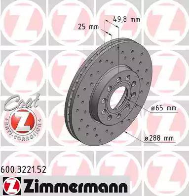 Диск тормозной  AUDI A3, Q2 Otto Zimmermann 600.3221.52, D=288 мм