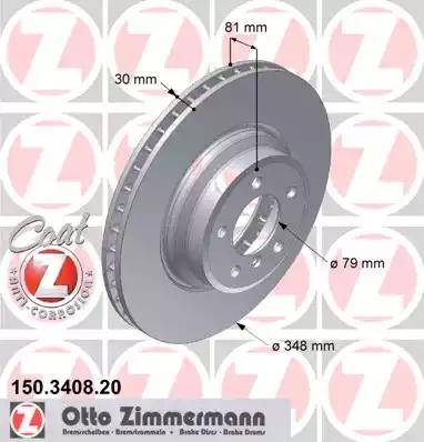 Диск тормозной передний BMW 7 Otto Zimmermann 150.3408.20, D=348 мм