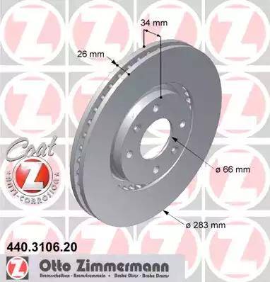 Диск тормозной передний CITROEN BERLINGO, C3, C4, C5, DS3, DS4, DS5, XSARA Otto Zimmermann 440.3106.20, D=283 мм