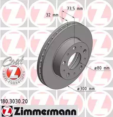 Диск тормозной передний CITROEN JUMPER Otto Zimmermann 180.3030.20, D=300 мм