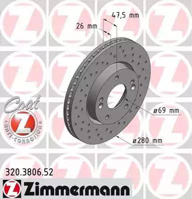 Диск тормозной передний HYUNDAI COUPE, ix20, i30 Otto Zimmermann 320.3806.52, D=280 мм