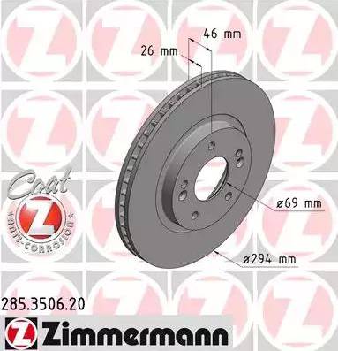 Диск тормозной передний HYUNDAI SANTA FE Otto Zimmermann 285.3506.20, D=294 мм