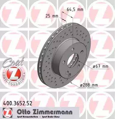 Диск тормозной передний MERCEDES-BENZ C-CLASS Otto Zimmermann 400.3652.52, D=288 мм