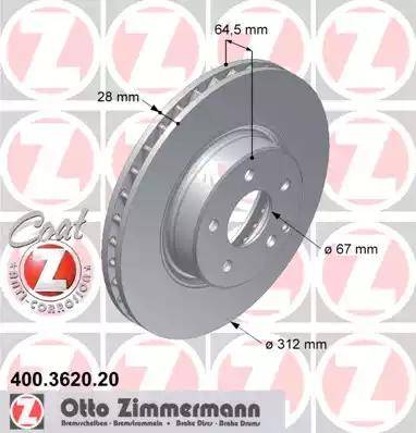 Диск тормозной передний MERCEDES-BENZ CLS, E-CLASS Otto Zimmermann 400.3620.20, D=312 мм