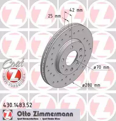 Диск тормозной передний OPEL ASTRA, COMBO, MERIVA, ZAFIRA Otto Zimmermann 430.1483.52, D=280 мм