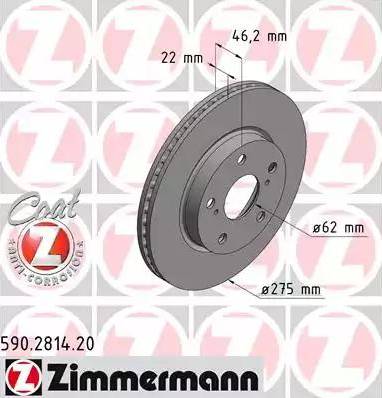 Диск тормозной передний TOYOTA AURIS, COROLLA Otto Zimmermann 590.2814.20, D=275 мм