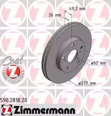 Диск тормозной передний TOYOTA AURIS, COROLLA Otto Zimmermann 590.2818.20, D=277 мм