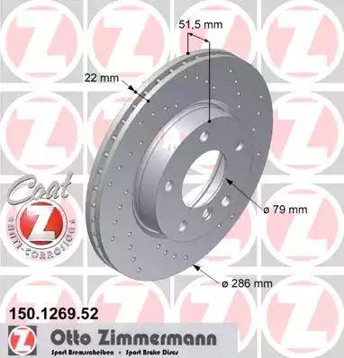 Диск тормозной передний BMW 3 Otto Zimmermann 150.1269.52, D=286 мм