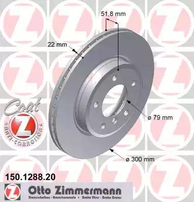 Диск тормозной передний BMW 3 Otto Zimmermann 150.1288.20, D=300 мм