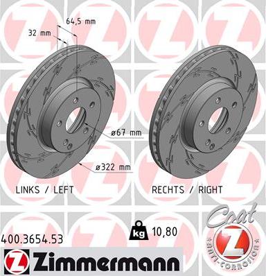 Диск тормозной передний MERCEDES E (W212) Otto Zimmermann 400.3654.53, D=322 мм