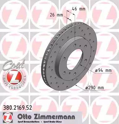 Диск тормозной передний MITSUBISHI PAJERO, CLASSIC, SPORT Otto Zimmermann 380.2169.52, D=290 мм