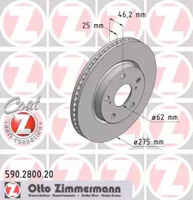 Диск тормозной передний TOYOTA RAV4 Otto Zimmermann 590.2800.20, D=275 мм