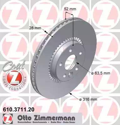 Диск тормозной передний VOLVO S60, S80, XC70, V70, FORD GALAXY, S-MAX Otto Zimmermann 610.3711.20, D=316 мм