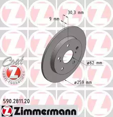 Диск тормозной задний TOYOTA AURIS Otto Zimmermann 590.2811.20, D=259 мм