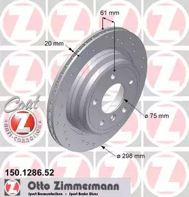 Диск тормозной задний BMW 5 Otto Zimmermann 150.1286.52, D=298 мм