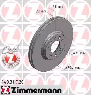 Диск тормозной передний Citroen C5 Otto Zimmermann 440.3117.20, D=304 мм