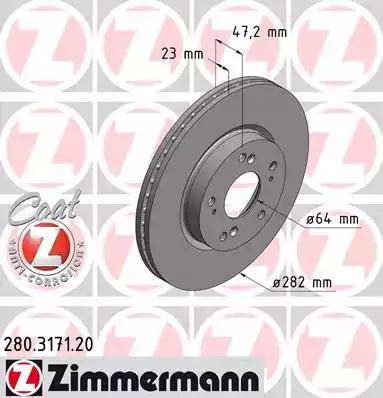 Диск тормозной передний Honda Civic, FR-V Otto Zimmermann 280.3171.20, D=282 мм