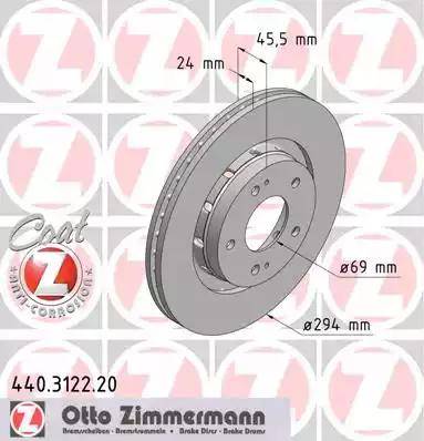 Диск тормозной передний CITROEN C-Crosser Otto Zimmermann 440.3122.20, D=294 мм