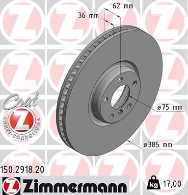 Диск тормозной передний BMW X5 Otto Zimmermann 150.2918.20, D=385 мм