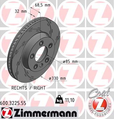 Диск тормозной передний VW TOUAREG, PORSCHE CAYENNE Otto Zimmermann 600.3225.55, D=330 мм