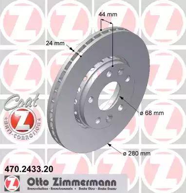 Диск тормозной передний RENAULT Duster Otto Zimmermann 470.2433.20, D=280 мм