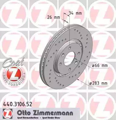 Диск тормозной передний PEUGEOT, CITROEN SPORT Otto Zimmermann 440.3106.52, D=283 мм