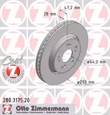 Диск тормозной передние HONDA CR-V Otto Zimmermann 280.3175.20, D=293 мм