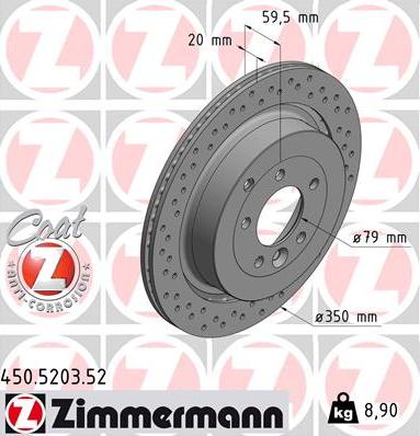 Диск тормозной задний LAND ROVER Discovery Otto Zimmermann 450.5203.52, D=350 мм