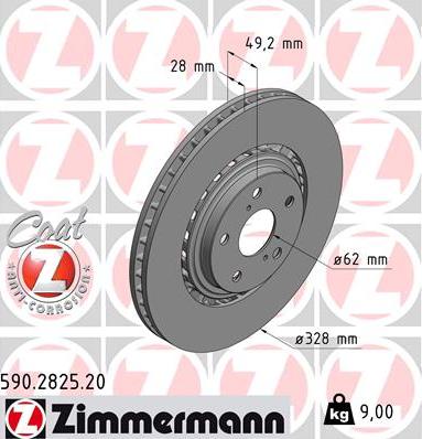 Диск тормозной передний TOYOTA, LEXUS Otto Zimmermann 590.2825.20, D=328 мм