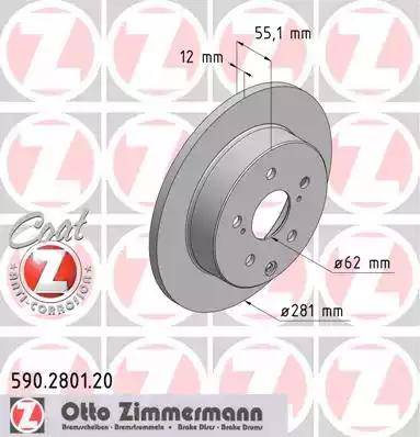 Диск тормозной задний TOYOTA Rav 4 Otto Zimmermann 590.2801.20, D=281 мм