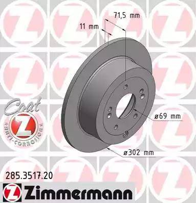 Диск тормозной задний HYUNDAI Santa Fe Otto Zimmermann 285.3517.20, D=302 мм