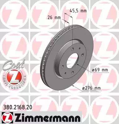 Диск тормозной передний MITSUBISHI Galant Otto Zimmermann 380.2168.20, D=276 мм