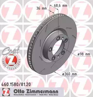 Диск тормозной передний PORSCHE Panamera Otto Zimmermann 460.1581.20, D=360 мм