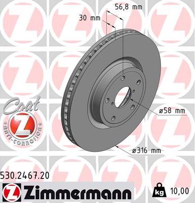 Диск тормозной передний SUBARU Legacy Otto Zimmermann 530.2467.20, D=316 мм