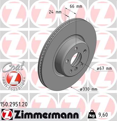 Диск тормозной передний BMW 5 Otto Zimmermann 150.2951.20, D=330 мм