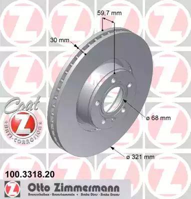 Диск тормозной передний AUDI A6 Otto Zimmermann 100.3318.20, D=321 мм 