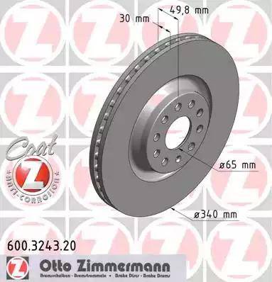 Диск тормозной передний AUDI A3 Otto Zimmermann 600.3243.20, D=340 мм