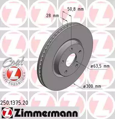 Диск тормозной передний FORD Mondeo Otto Zimmermann 250.1375.20, D=300 мм