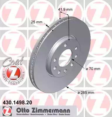 Диск тормозной передний FIAT Croma Otto Zimmermann 430.1498.20, D=285 мм