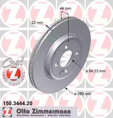 Диск тормозной передний MINI Cabrio Otto Zimmermann 150.3444.20, D=280 мм