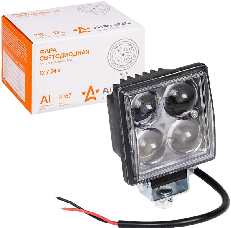 Фара светодиодная AIRLINE ALED001, квадратная, 4 LED, 12 W, 76х76х46, 12/24 V