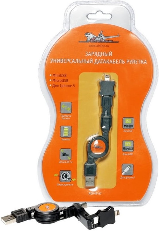 Зарядный универсальный дата-кабель Airline ACH-R-07, рулетка, mini USB, micro USB