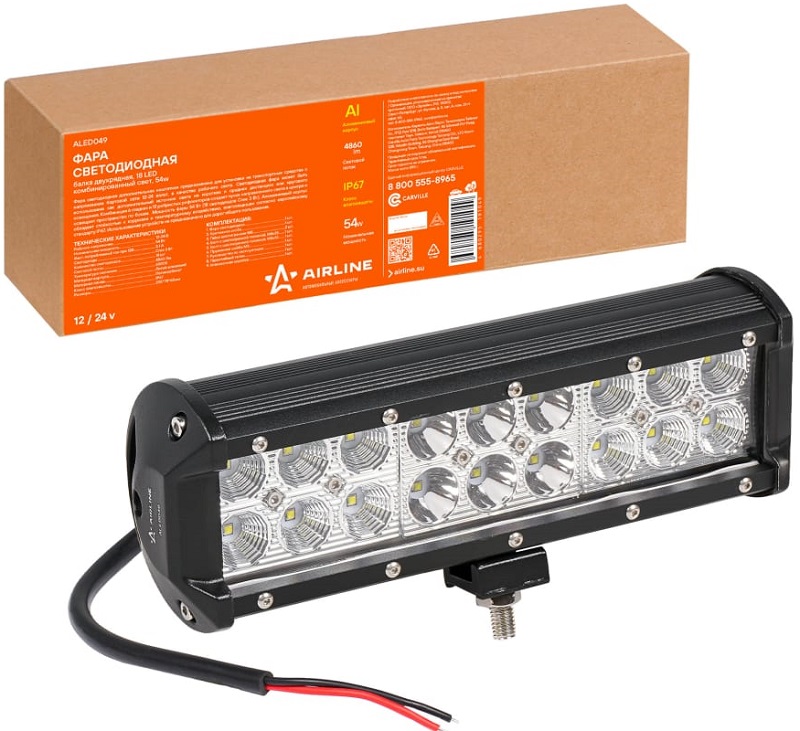 Фара светодиодная Airline ALED049, двухрядная, 18 LED, комбинированный свет, 54 W, 12/24 V