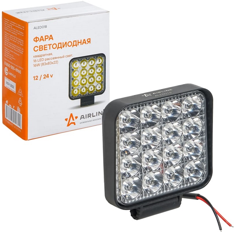 Фара светодиодная Airline ALED018, квадратная, 16 LED, рассеяный свет, 16 W, 12/24 V